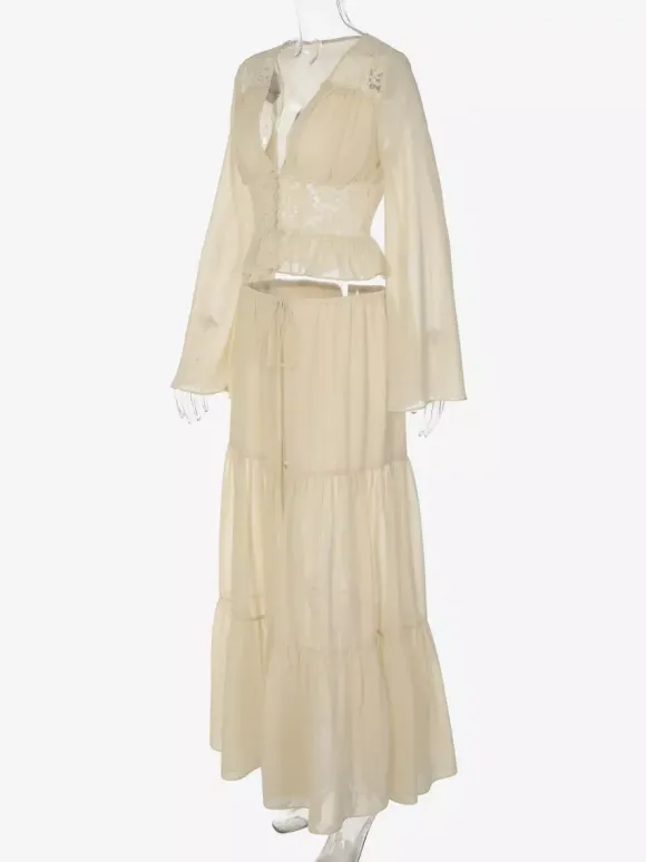 Two Piece Sets Skirt Set Maxi Dresses Apricot Resort Wear Buttons Casual V-Neck Long Sleeves Sets