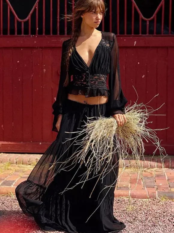 Two Piece Sets Skirt Set Maxi Dresses Apricot Resort Wear Buttons Casual V-Neck Long Sleeves Sets