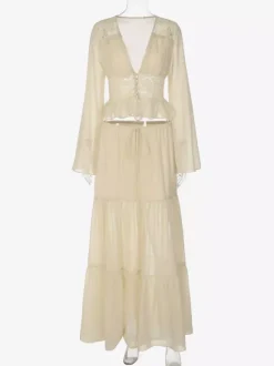 Two Piece Sets Skirt Set Maxi Dresses Apricot Resort Wear Buttons Casual V-Neck Long Sleeves Sets