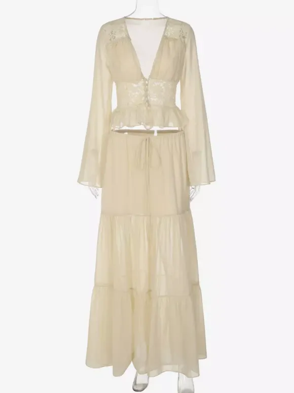 Two Piece Sets Skirt Set Maxi Dresses Apricot Resort Wear Buttons Casual V-Neck Long Sleeves Sets