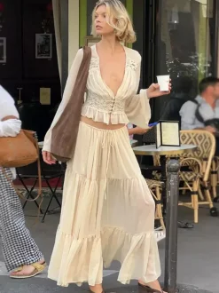 Two Piece Sets Skirt Set Maxi Dresses Apricot Resort Wear Buttons Casual V-Neck Long Sleeves Sets