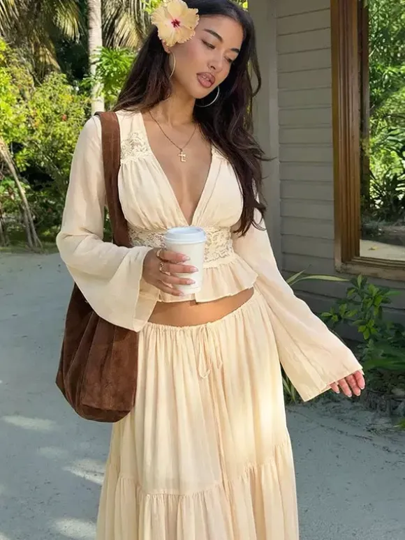 Two Piece Sets Skirt Set Maxi Dresses Apricot Resort Wear Buttons Casual V-Neck Long Sleeves Sets