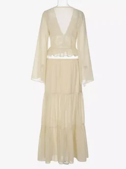 Two Piece Sets Skirt Set Maxi Dresses Apricot Resort Wear Buttons Casual V-Neck Long Sleeves Sets