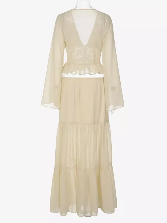 Two Piece Sets Skirt Set Maxi Dresses Apricot Resort Wear Buttons Casual V-Neck Long Sleeves Sets