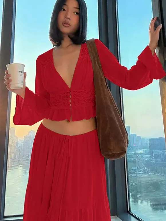 Two Piece Sets Skirt Set Maxi Dresses Apricot Resort Wear Buttons Casual V-Neck Long Sleeves Sets