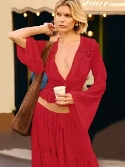 Two Piece Sets Skirt Set Maxi Dresses Apricot Resort Wear Buttons Casual V-Neck Long Sleeves Sets