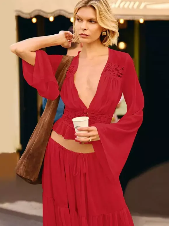Two Piece Sets Skirt Set Maxi Dresses Apricot Resort Wear Buttons Casual V-Neck Long Sleeves Sets
