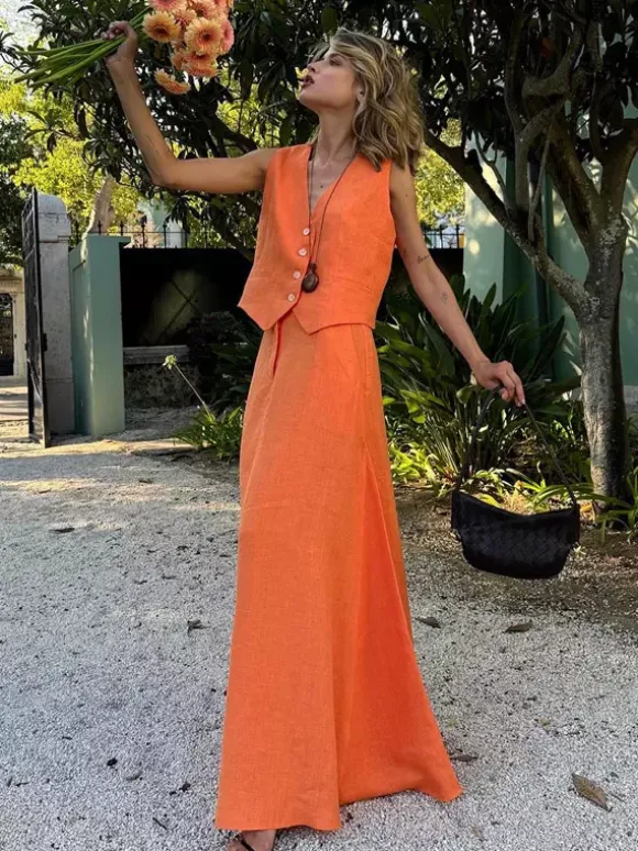 Two Piece Sets Skirt Set Orange Retro Buttons Resort Wear Linen V-Neck Sleeveless Sets