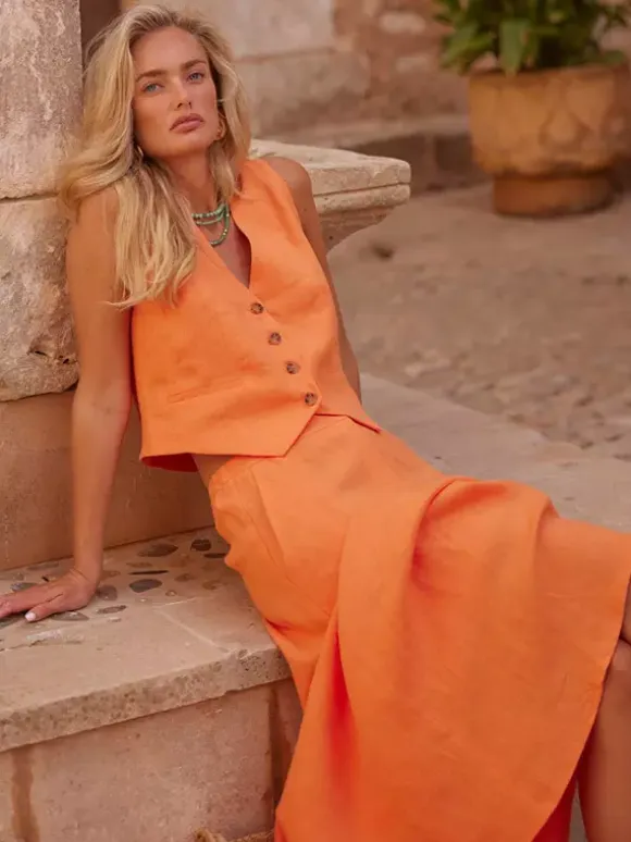 Two Piece Sets Skirt Set Orange Retro Buttons Resort Wear Linen V-Neck Sleeveless Sets