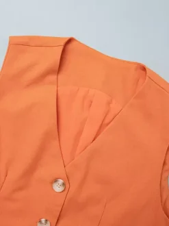 Two Piece Sets Skirt Set Orange Retro Buttons Resort Wear Linen V-Neck Sleeveless Sets