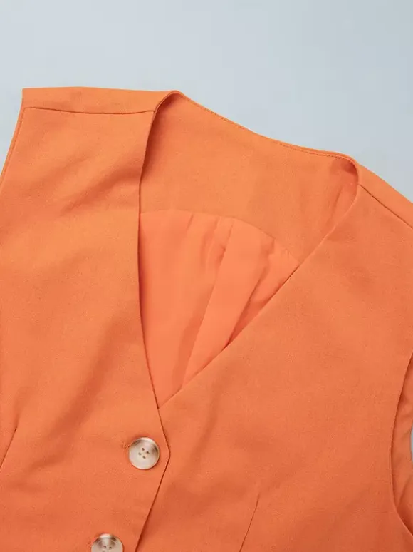 Two Piece Sets Skirt Set Orange Retro Buttons Resort Wear Linen V-Neck Sleeveless Sets
