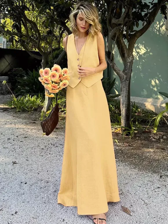 Two Piece Sets Skirt Set Orange Retro Buttons Resort Wear Linen V-Neck Sleeveless Sets