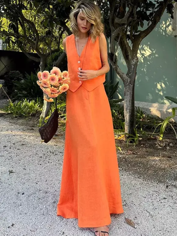 Two Piece Sets Skirt Set Orange Retro Buttons Resort Wear Linen V-Neck Sleeveless Sets