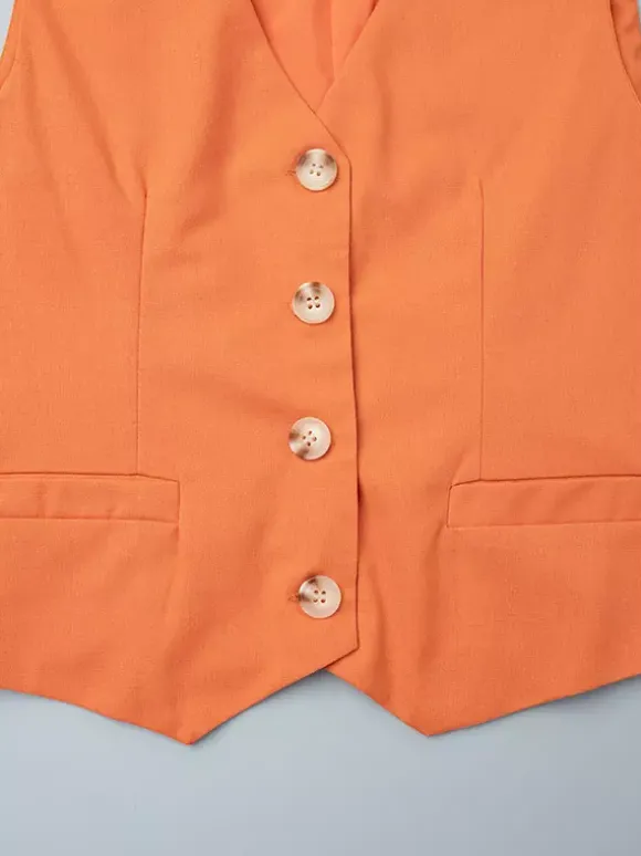 Two Piece Sets Skirt Set Orange Retro Buttons Resort Wear Linen V-Neck Sleeveless Sets