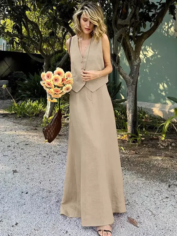 Two Piece Sets Skirt Set Orange Retro Buttons Resort Wear Linen V-Neck Sleeveless Sets