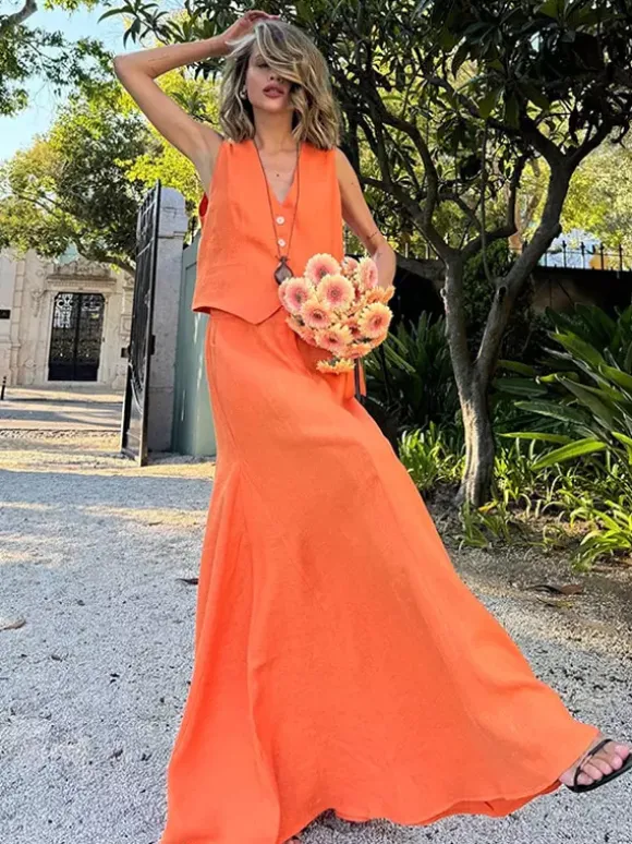 Two Piece Sets Skirt Set Orange Retro Buttons Resort Wear Linen V-Neck Sleeveless Sets