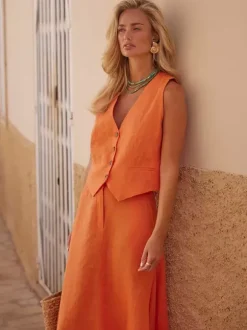 Two Piece Sets Skirt Set Orange Retro Buttons Resort Wear Linen V-Neck Sleeveless Sets