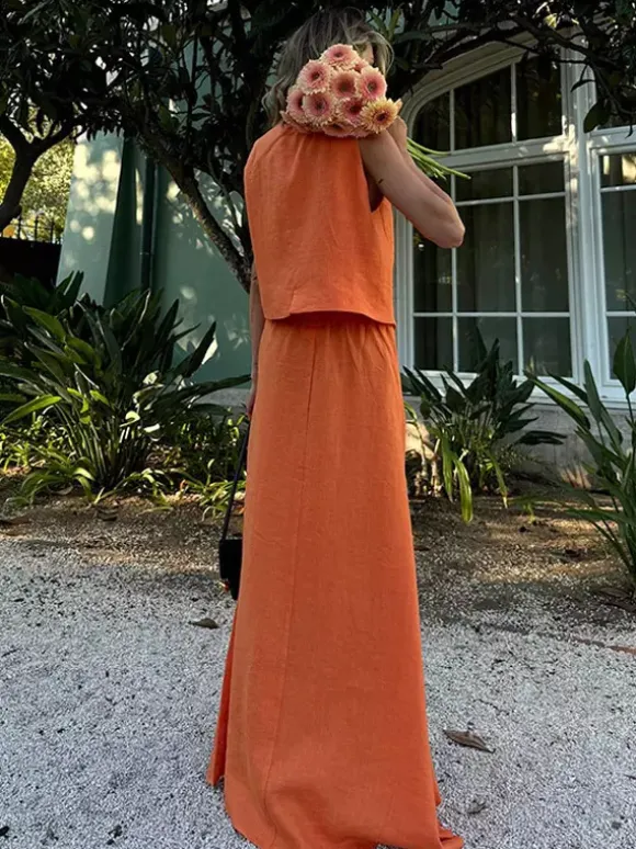 Two Piece Sets Skirt Set Orange Retro Buttons Resort Wear Linen V-Neck Sleeveless Sets