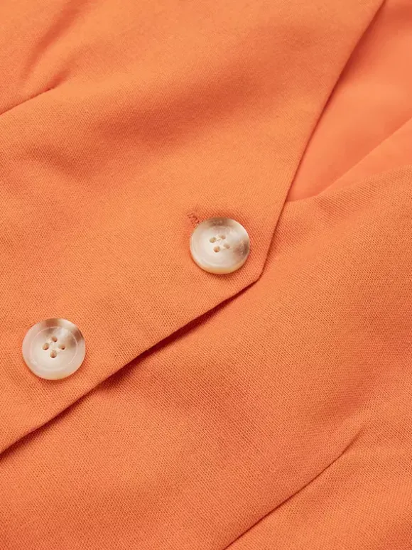 Two Piece Sets Skirt Set Orange Retro Buttons Resort Wear Linen V-Neck Sleeveless Sets