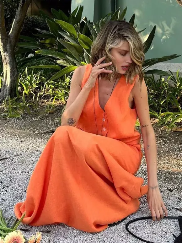 Two Piece Sets Skirt Set Orange Retro Buttons Resort Wear Linen V-Neck Sleeveless Sets