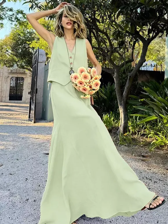 Two Piece Sets Skirt Set Orange Retro Buttons Resort Wear Linen V-Neck Sleeveless Sets