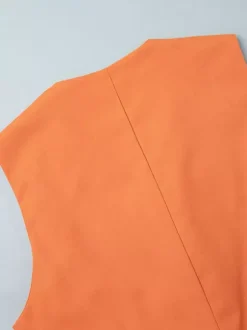 Two Piece Sets Skirt Set Orange Retro Buttons Resort Wear Linen V-Neck Sleeveless Sets