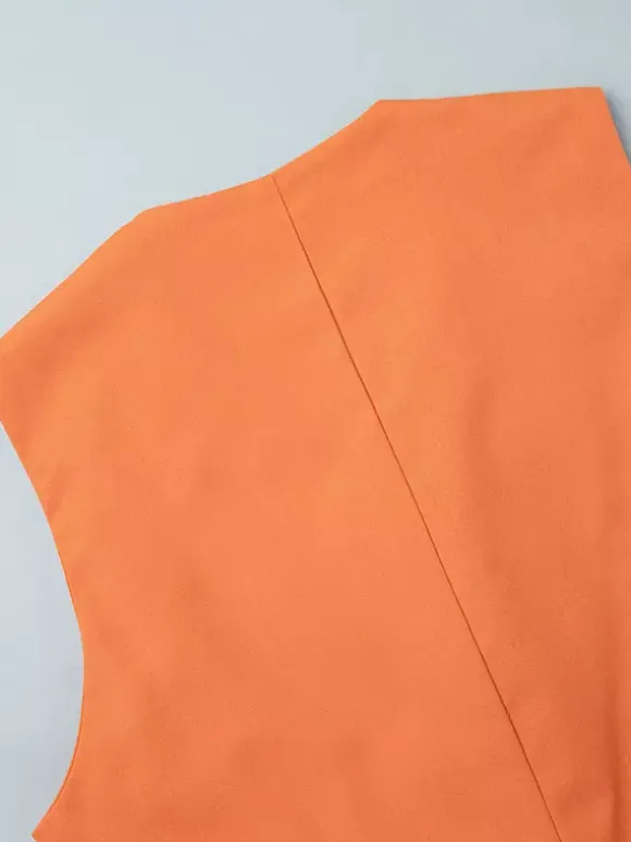 Two Piece Sets Skirt Set Orange Retro Buttons Resort Wear Linen V-Neck Sleeveless Sets