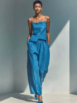 Two Piece Sets Sky Blue Street Wear Linen Buttons Asymmetrical Straps Neck Sleeveless Casual Pant Set