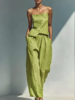 Two Piece Sets Sky Blue Street Wear Linen Buttons Asymmetrical Straps Neck Sleeveless Casual Pant Set