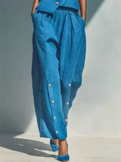 Two Piece Sets Sky Blue Street Wear Linen Buttons Asymmetrical Straps Neck Sleeveless Casual Pant Set