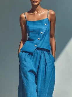 Two Piece Sets Sky Blue Street Wear Linen Buttons Asymmetrical Straps Neck Sleeveless Casual Pant Set