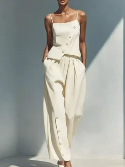Two Piece Sets Sky Blue Street Wear Linen Buttons Asymmetrical Straps Neck Sleeveless Casual Pant Set