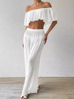 Two Piece Sets White Casual Beach Off-The-Shoulder Shaping Sleeveless Pant Set