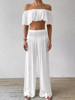 Two Piece Sets White Casual Beach Off-The-Shoulder Shaping Sleeveless Pant Set