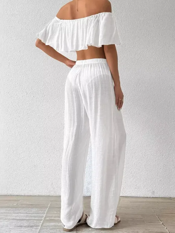 Two Piece Sets White Casual Beach Off-The-Shoulder Shaping Sleeveless Pant Set