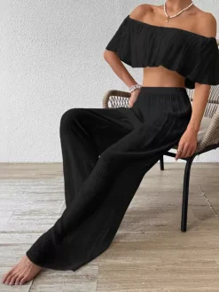 Two Piece Sets White Casual Beach Off-The-Shoulder Shaping Sleeveless Pant Set