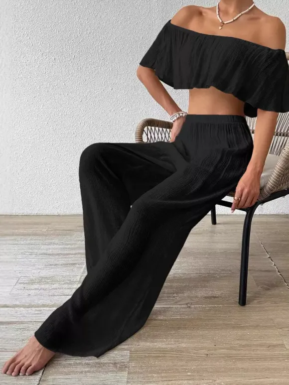 Two Piece Sets White Casual Beach Off-The-Shoulder Shaping Sleeveless Pant Set