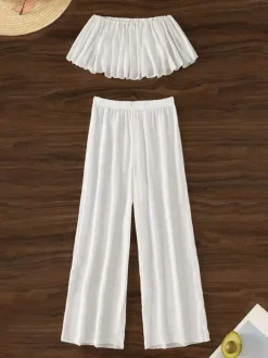 Two Piece Sets White Casual Beach Off-The-Shoulder Shaping Sleeveless Pant Set