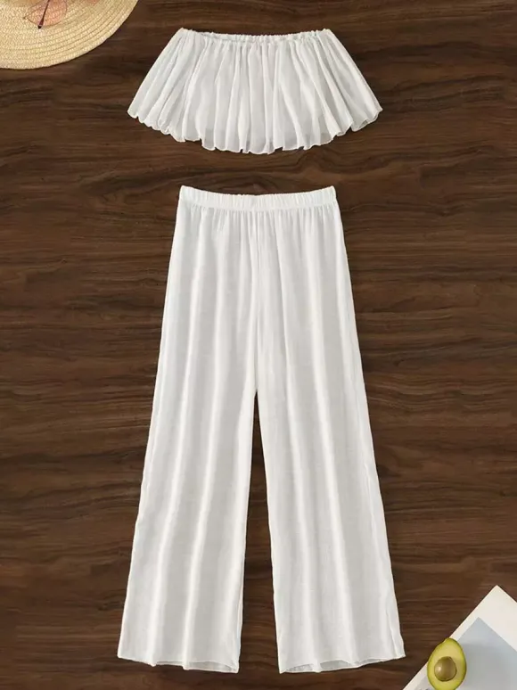 Two Piece Sets White Casual Beach Off-The-Shoulder Shaping Sleeveless Pant Set