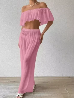 Two Piece Sets White Casual Beach Off-The-Shoulder Shaping Sleeveless Pant Set