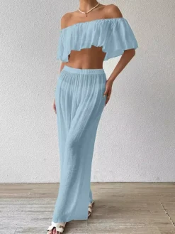 Two Piece Sets White Casual Beach Off-The-Shoulder Shaping Sleeveless Pant Set