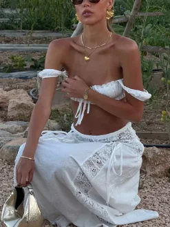 Two Piece Sets White Casual Cut Out Beach Shaping Sleeveless Skirt Set