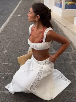Two Piece Sets White Casual Cut Out Beach Shaping Sleeveless Skirt Set