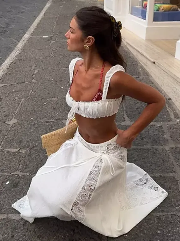 Two Piece Sets White Casual Cut Out Beach Shaping Sleeveless Skirt Set
