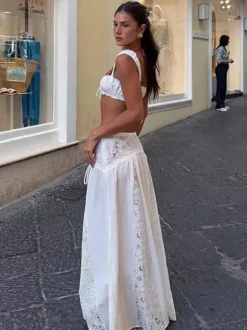 Two Piece Sets White Casual Cut Out Beach Shaping Sleeveless Skirt Set