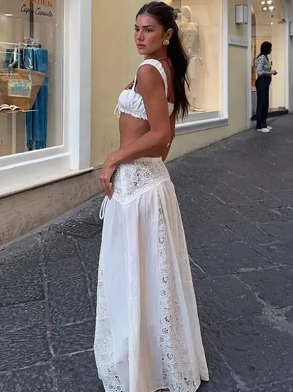 Two Piece Sets White Casual Cut Out Beach Shaping Sleeveless Skirt Set
