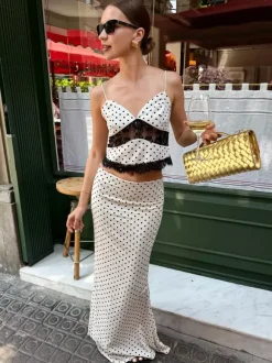 Two Piece Sets White Casual Polka Dot Lace Dating Straps Neck Sleeveless Summer Sets