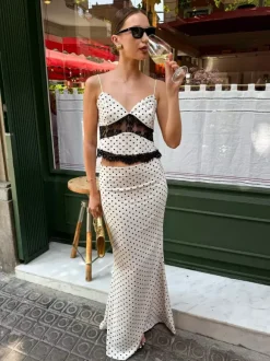 Two Piece Sets White Casual Polka Dot Lace Dating Straps Neck Sleeveless Summer Sets