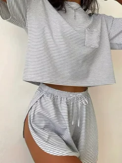 Two Piece Sets White Casual Printed Daily Casual Drawstring Jewel Neck T-Shirt Sleeves Short Sleeves Pant Set