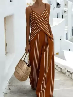 Two Piece Sets White Casual Stripes Daily Casual Polyester Straps Neck Sleeveless Pant Set
